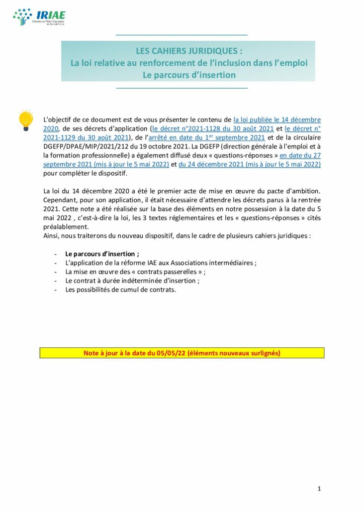 thumbnail of Cahiers juridiques – Parcours d’insertion – IRIAE HdeF