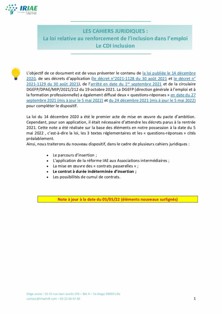 thumbnail of Cahiers juridiques – CDI INCLUSION – IRIAE HdeF